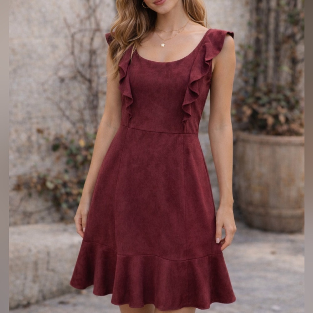 She + Sky burgundy faux suede flounce dress ❤️